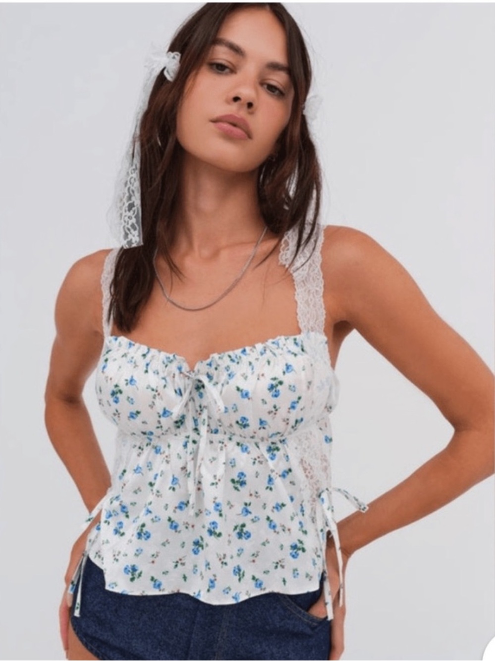 For Love And Lemons Blue Bustier Tie Front Blouse